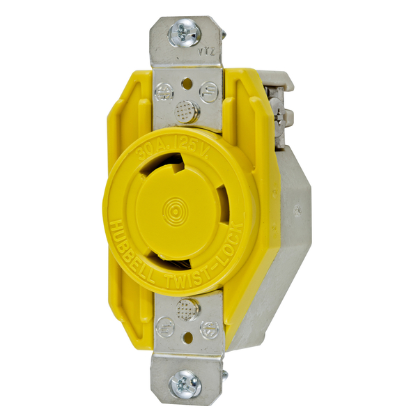 Hubbell Wiring Device-Kellems Locking Devices, Twist-Lock®, Marine Grade, Flush Receptacle, 30A 125V, 2-Pole 3-Wire Grounding, L5-30R, Screw Terminal, Yellow HBL26CM10